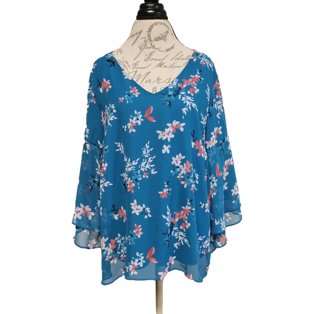 Lane Bryant Teal Floral Bell Sleeve Top Size 18/20 Hippie Boho Beach Resort